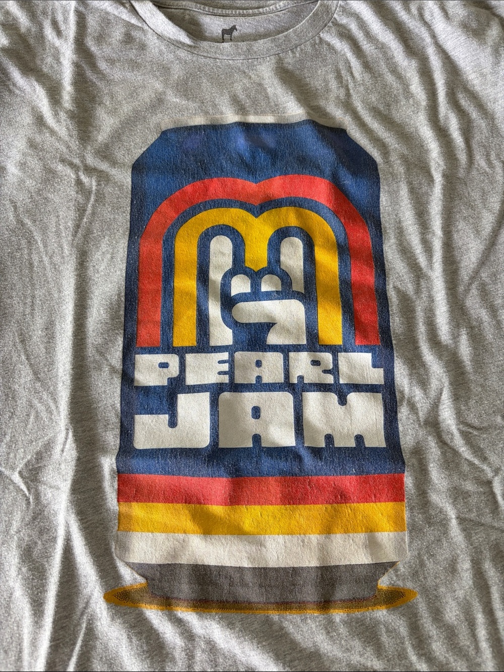 Self Made Gray Pearl Jam Retro Logo Tee with Blue, Red, Yellow Print Austin Tx